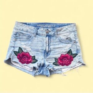 American Eagle Outfitters Blue Denim Shorts with Red Floral Embroidery